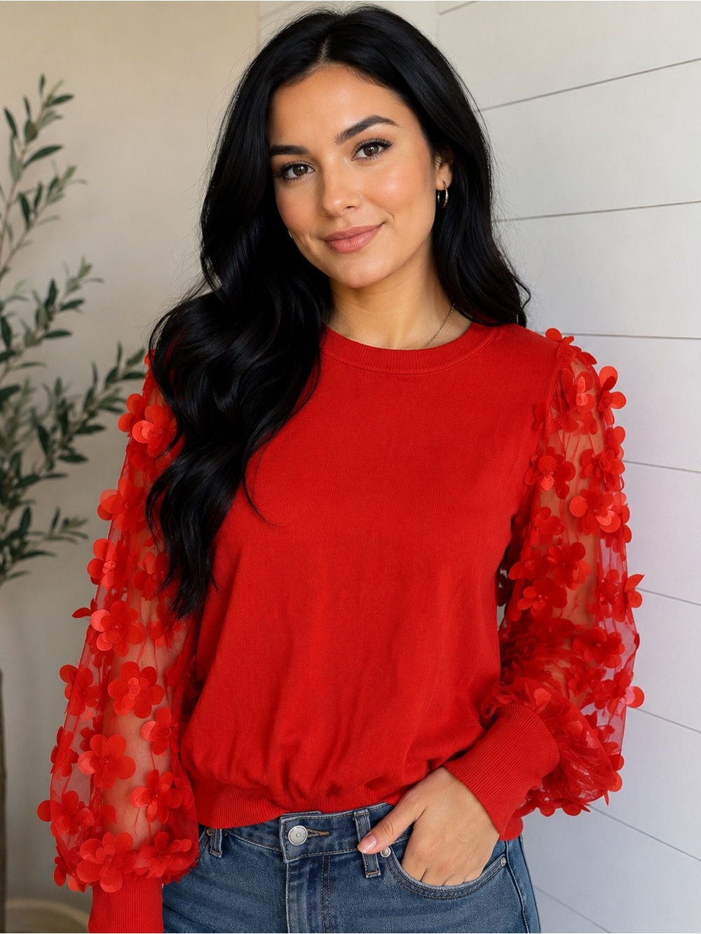 Women's Red Floral Applique Long-Sleeve Sweater Tee